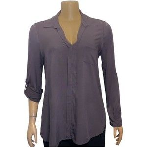 Pleione Blouse Gray Longline Pullover Long Sleeve Collared V-neck Size M